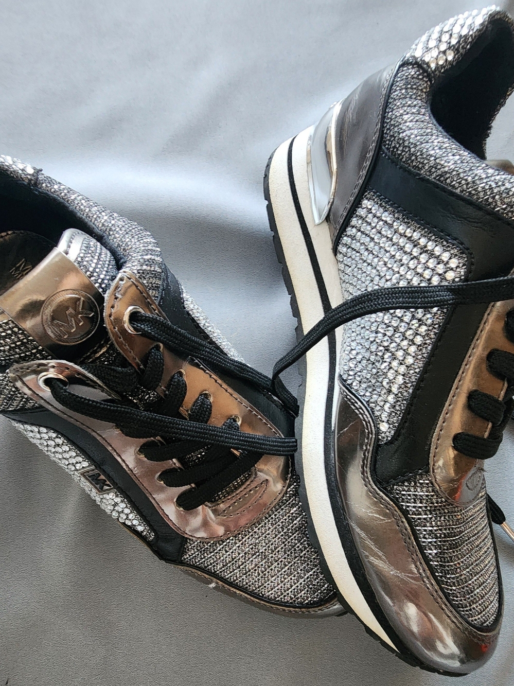 Michael Kors Metallic Silver & Rhinestone Wedge Sneakers Shoes